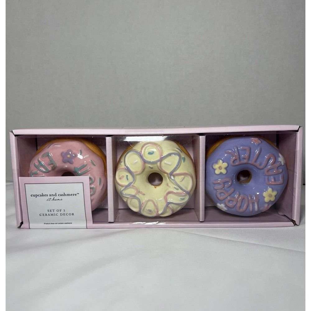 Cupcakes and Cashmere Easter Ceramic Donuts Pinkโ Purple Yellow Set Of 3 NIB